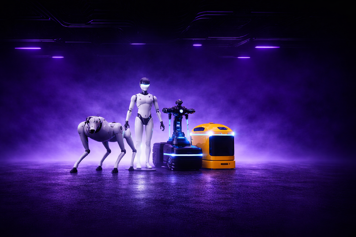 Three robots on a dark stage with purple lighting